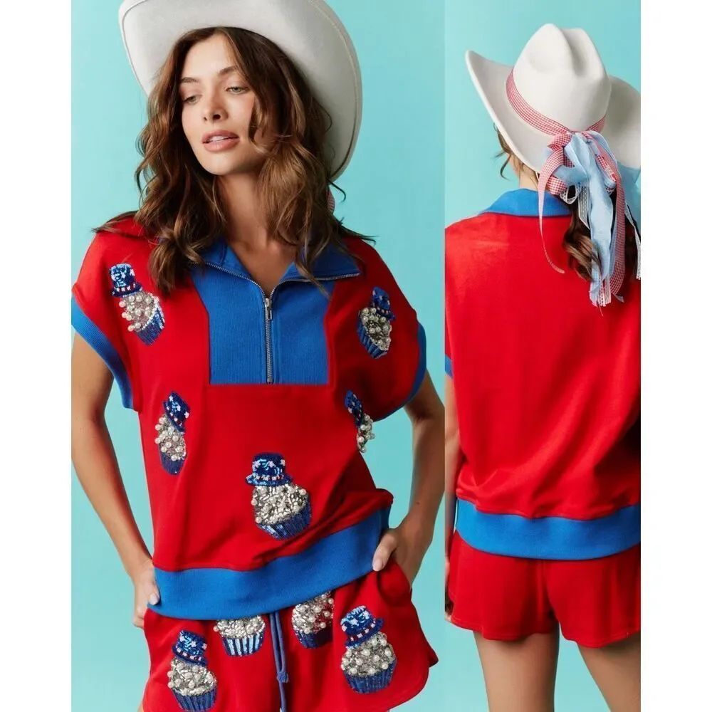 Fantastic Fawn Uncle Sam Red White & Cupcakes Short Sleeve Half Zip Sweatshirt